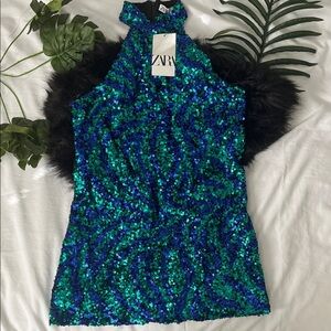 Zara Women's Vibrant Sequin Halter Top - Blue and Green